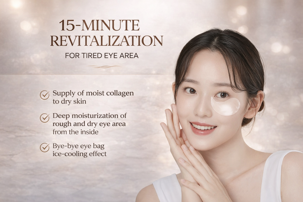 Woman applying eye patches with text on 15-minute revitalization for tired eye area.